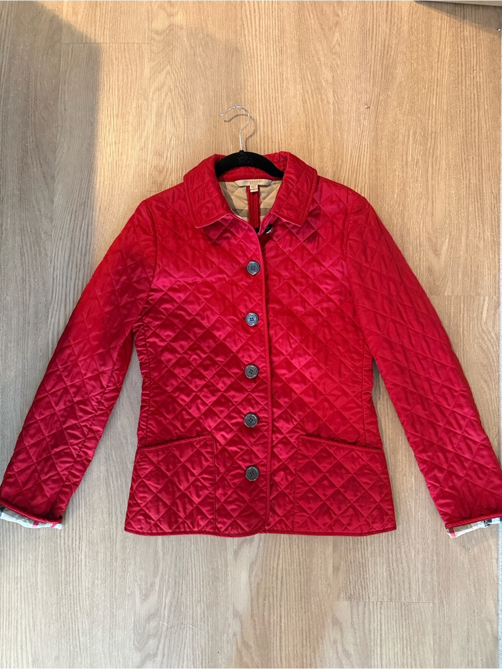 Burberry Red Quilted Diamond Puffer Jacket with Button Front